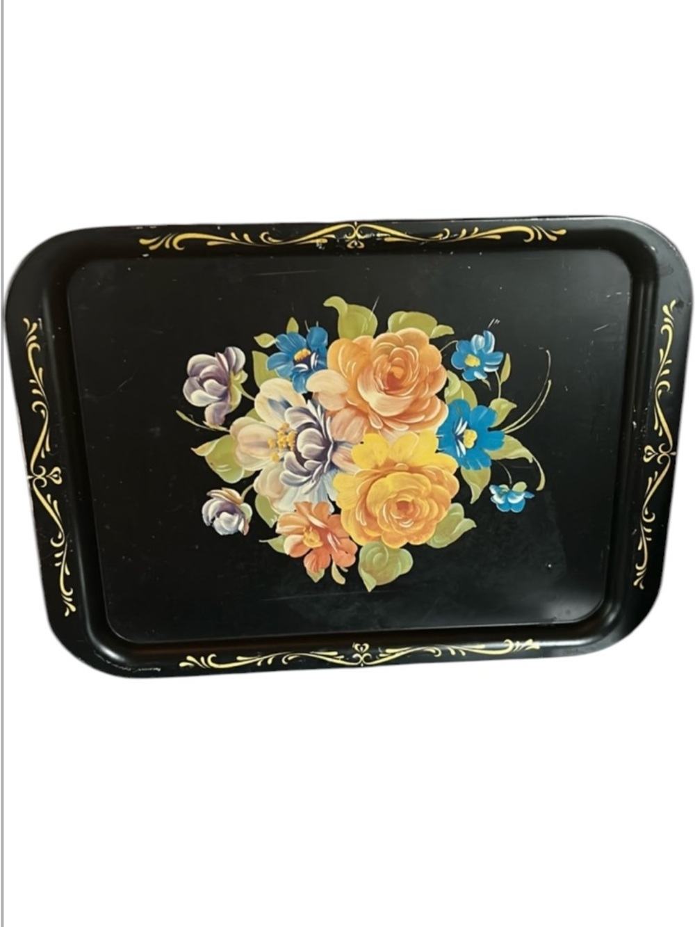 Vintage Toleware Black Metal Tray with Hand-painted Vibrant Florals